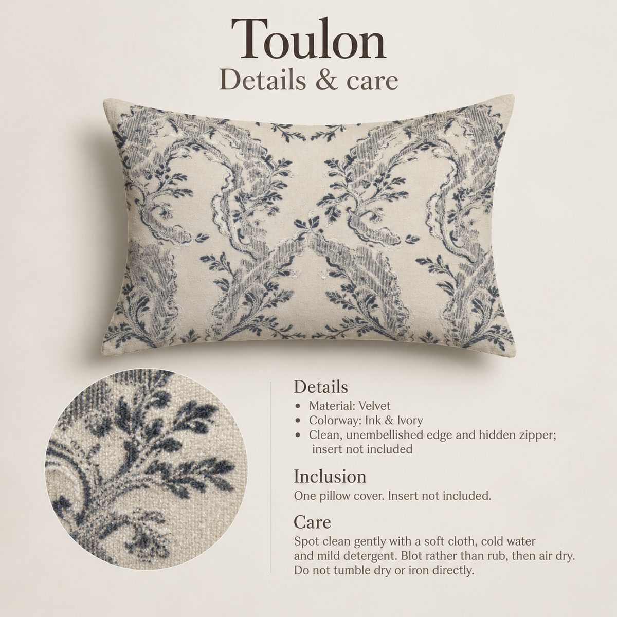 Toulon Scenic Velvet Lumbar Pillow Cover — Ink & Ivory; verified details and care guide.