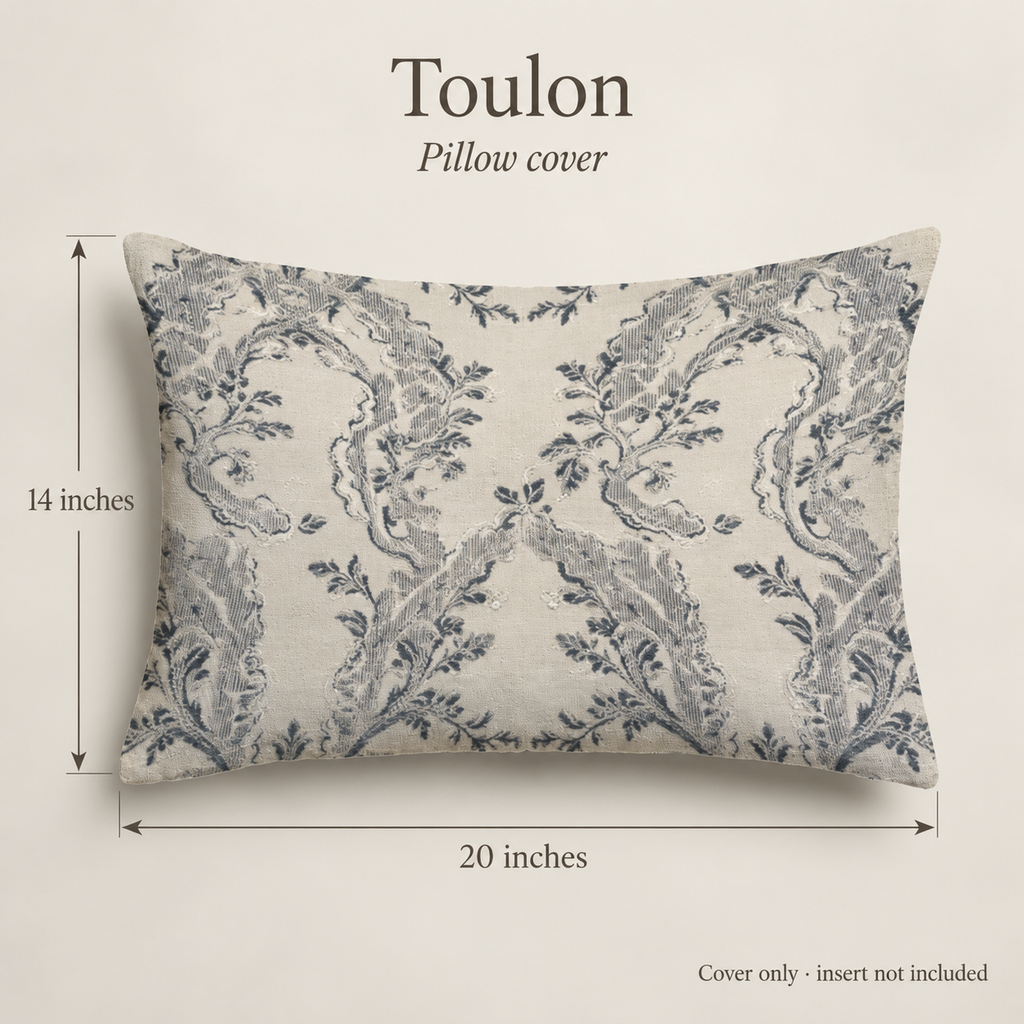 Toulon Scenic Velvet Lumbar Pillow Cover — Ink & Ivory; dimension diagram and inclusions.