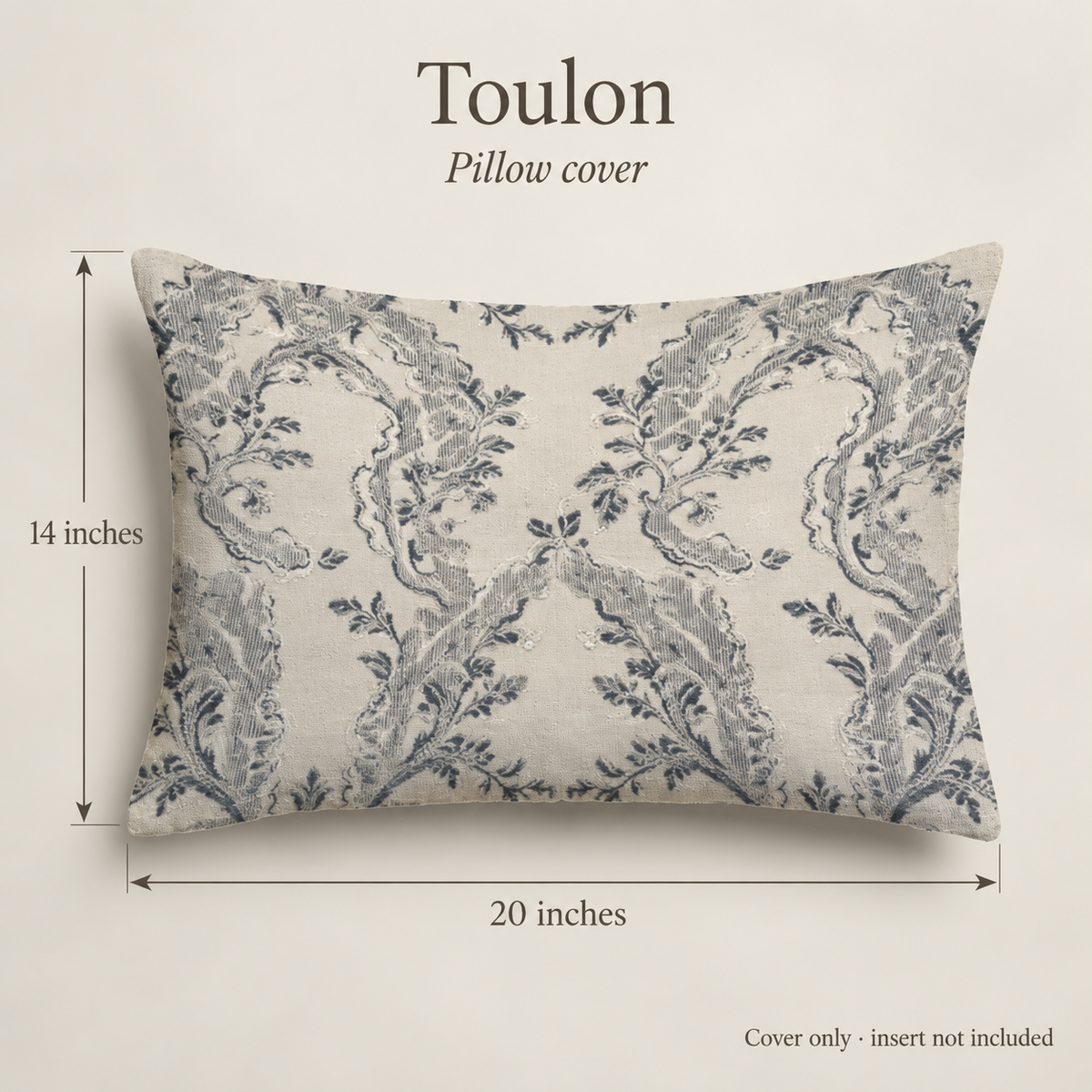 Toulon Scenic Velvet Lumbar Pillow Cover — Ink & Ivory; dimension diagram and inclusions.