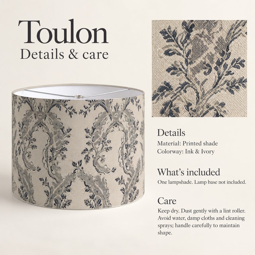Toulon Scenic Drum Lampshade — Ink & Ivory; verified details and care guide.