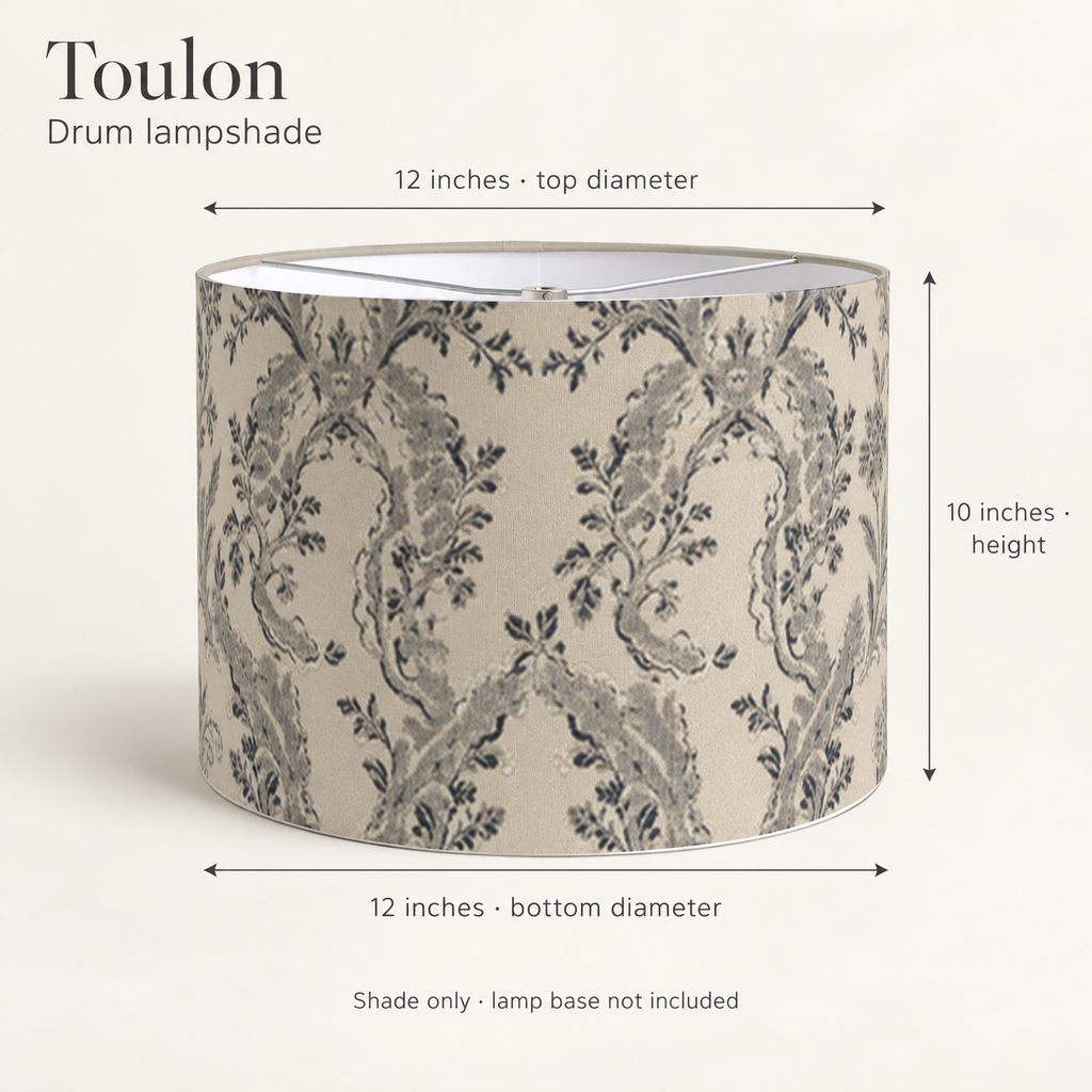 Toulon Scenic Drum Lampshade — Ink & Ivory; dimension diagram and inclusions.