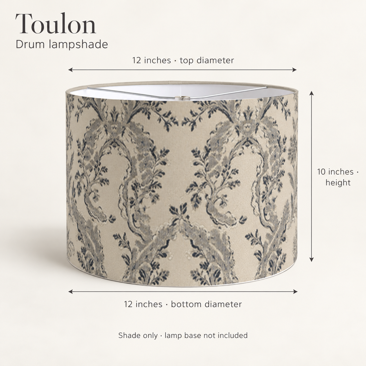 Toulon Scenic Drum Lampshade — Ink & Ivory; dimension diagram and inclusions.