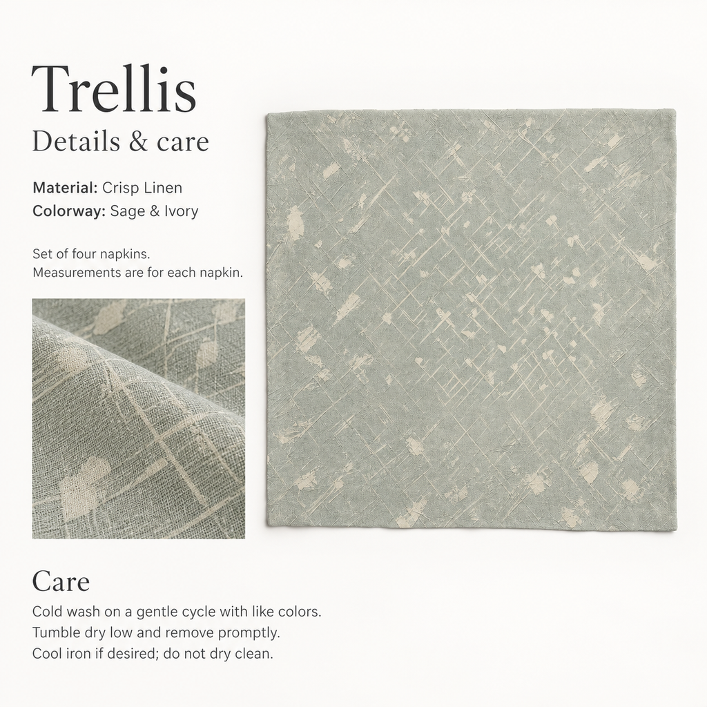 Trellis Geometric Linen Dinner Napkins — Sage & Ivory; verified details and care guide.