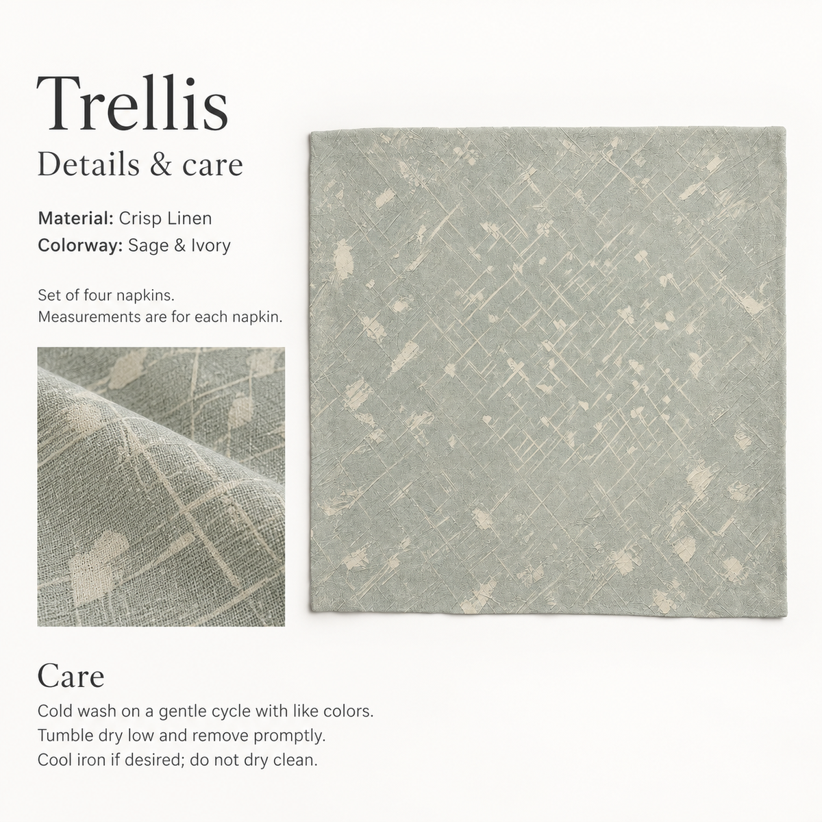Trellis Geometric Linen Dinner Napkins — Sage & Ivory; verified details and care guide.