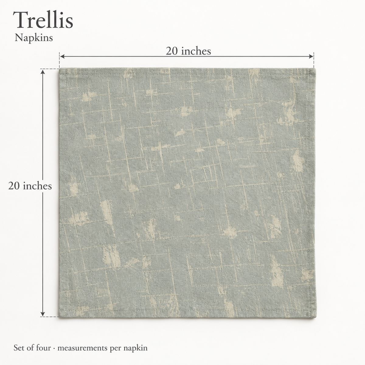 Trellis Geometric Linen Dinner Napkins — Sage & Ivory; dimension diagram and inclusions.