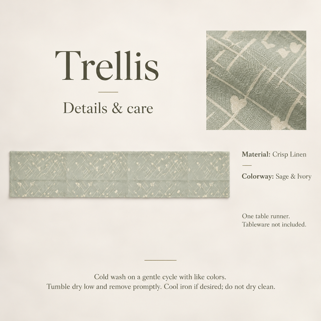 Trellis Geometric Linen Table Runner — Sage & Ivory; verified details and care guide.
