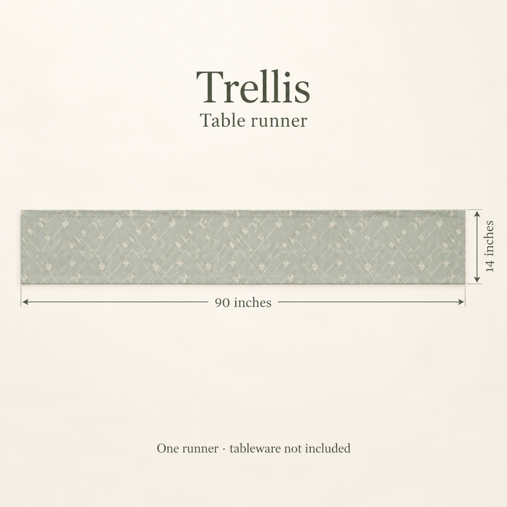 Trellis Geometric Linen Table Runner — Sage & Ivory; dimension diagram and inclusions.