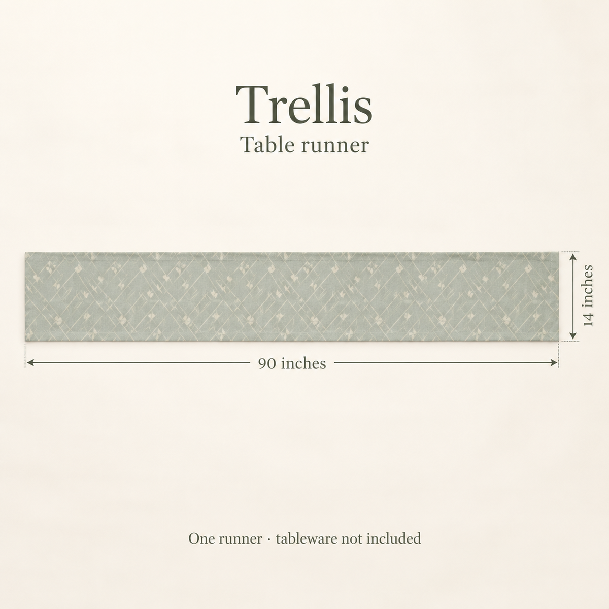Trellis Geometric Linen Table Runner — Sage & Ivory; dimension diagram and inclusions.