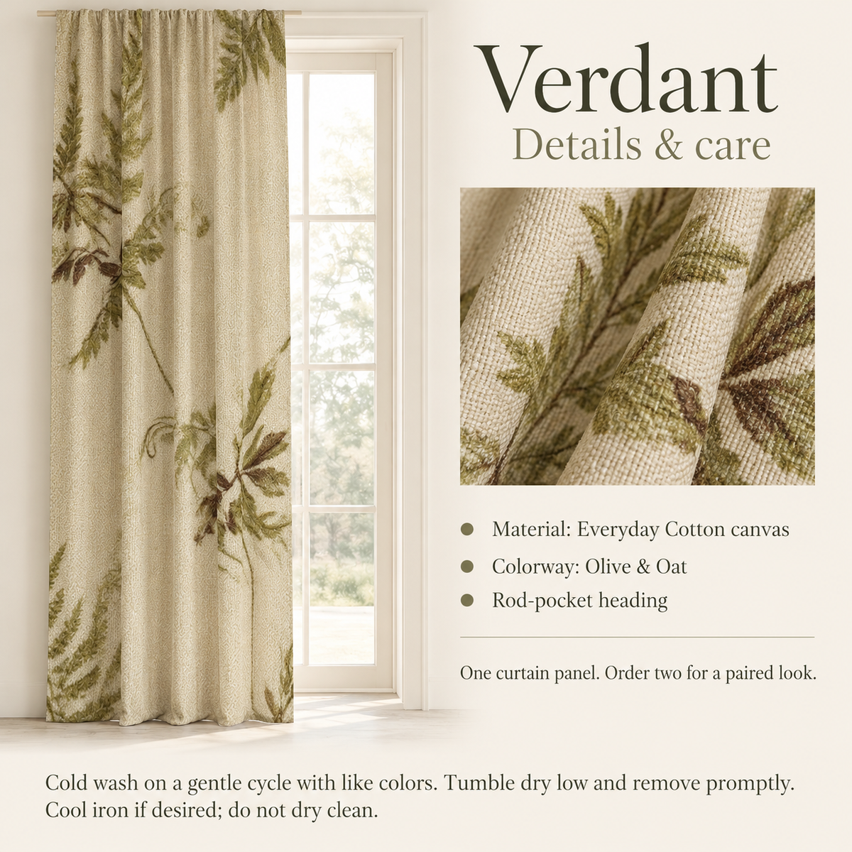 Verdant Botanical Everyday Cotton Curtain Panel — Olive & Oat; verified details and care guide.