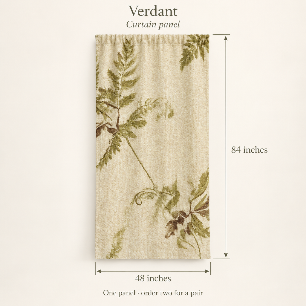 Verdant Botanical Everyday Cotton Curtain Panel — Olive & Oat; dimension diagram and inclusions.