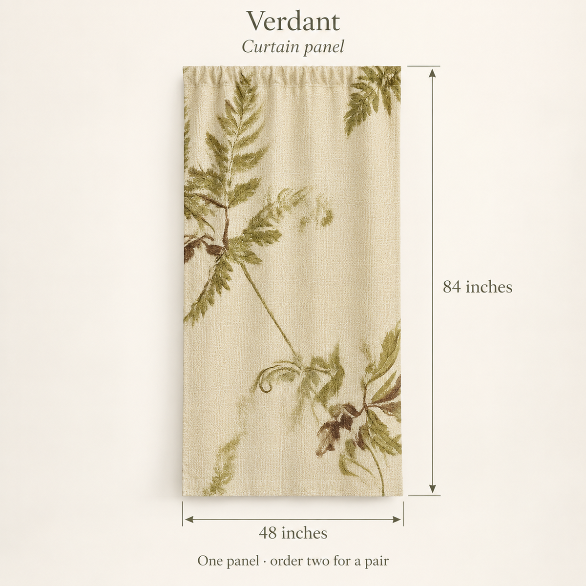 Verdant Botanical Everyday Cotton Curtain Panel — Olive & Oat; dimension diagram and inclusions.