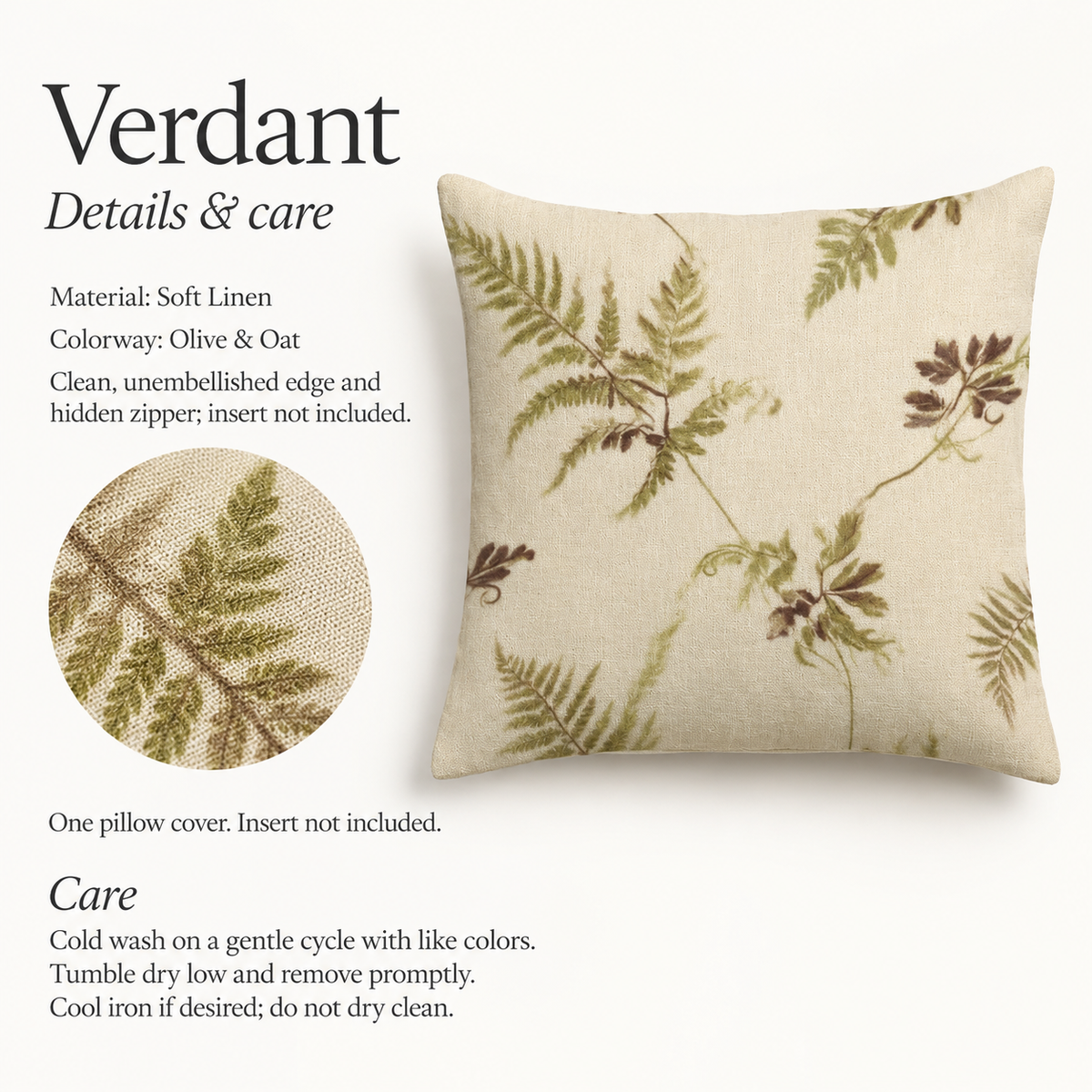 Verdant Botanical Soft Linen Pillow Cover — Olive & Oat; verified details and care guide.