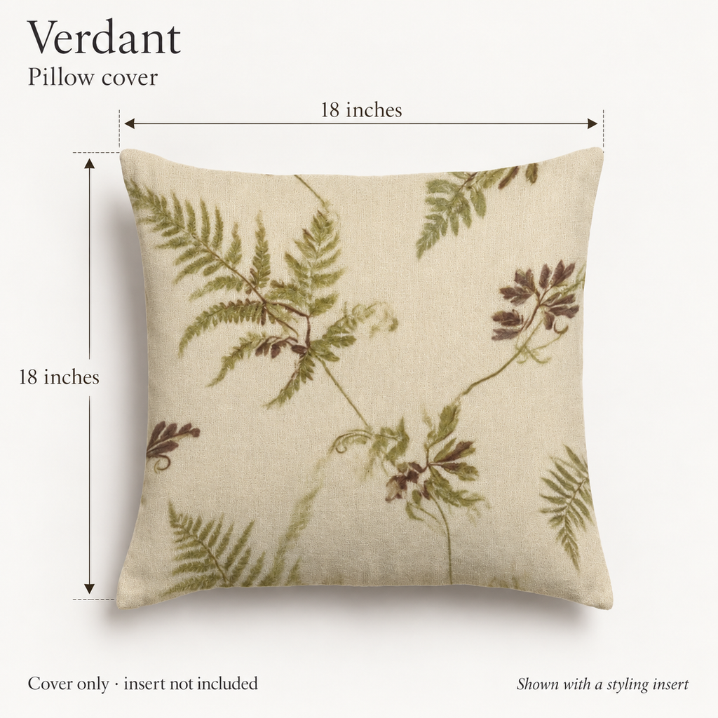 Verdant Botanical Soft Linen Pillow Cover — Olive & Oat; dimension diagram and inclusions.