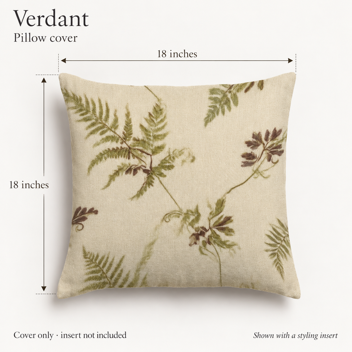 Verdant Botanical Soft Linen Pillow Cover — Olive & Oat; dimension diagram and inclusions.