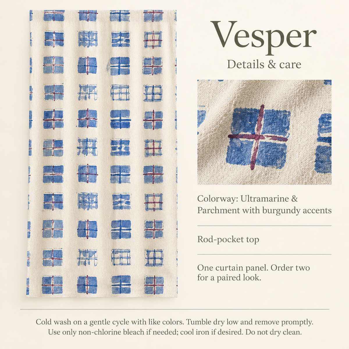 Vesper Irregular Grid Everyday Cotton Curtain Panel — Ultramarine & Parchment; verified details and care guide.