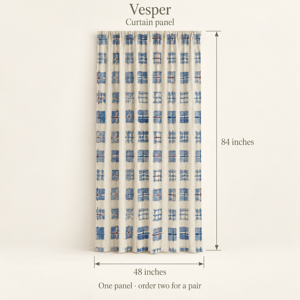 Vesper Irregular Grid Everyday Cotton Curtain Panel — Ultramarine & Parchment; dimension diagram and inclusions.