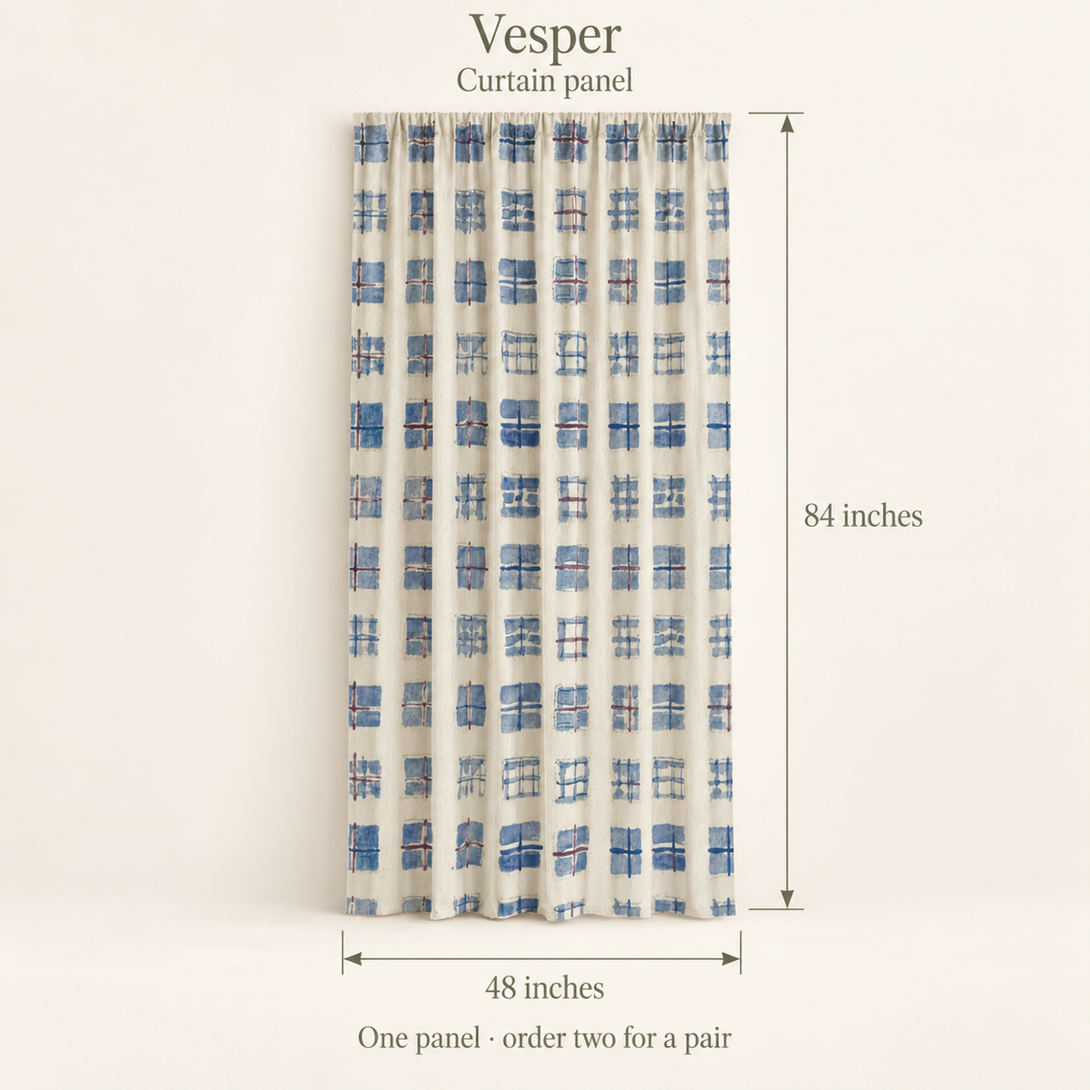 Vesper Irregular Grid Everyday Cotton Curtain Panel — Ultramarine & Parchment; dimension diagram and inclusions.