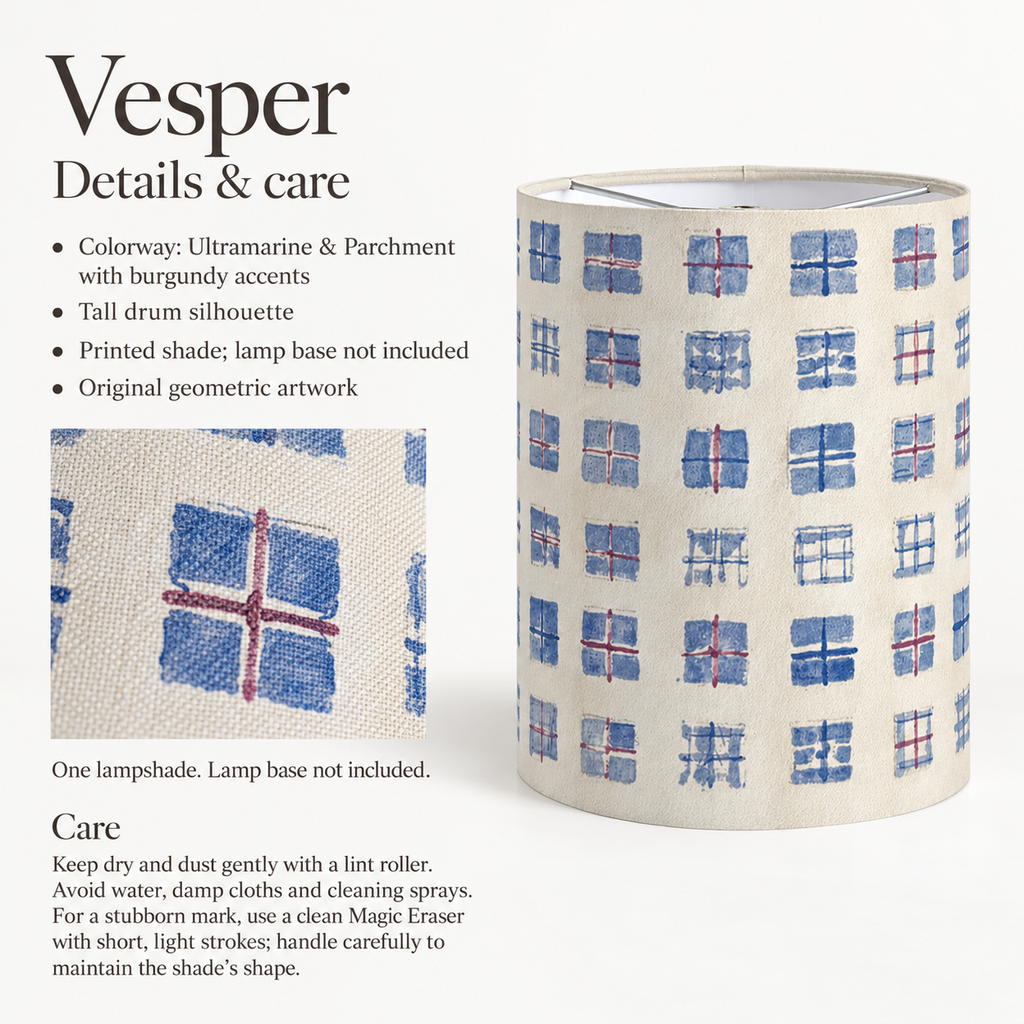 Vesper Irregular Grid Tall Drum Lampshade — Ultramarine & Parchment; verified details and care guide.