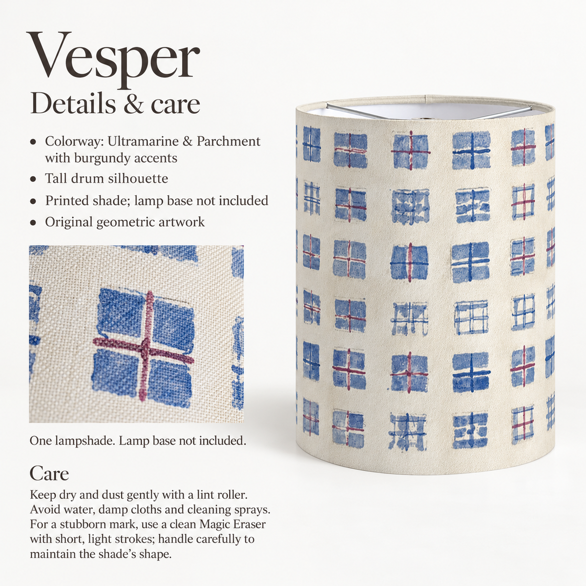 Vesper Irregular Grid Tall Drum Lampshade — Ultramarine & Parchment; verified details and care guide.