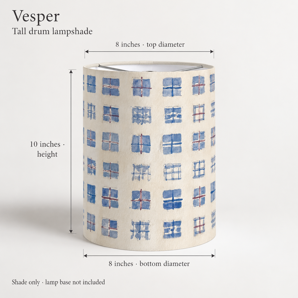 Vesper Irregular Grid Tall Drum Lampshade — Ultramarine & Parchment; dimension diagram and inclusions.