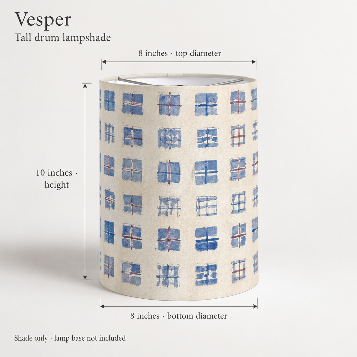 Vesper Irregular Grid Tall Drum Lampshade — Ultramarine & Parchment; dimension diagram and inclusions.