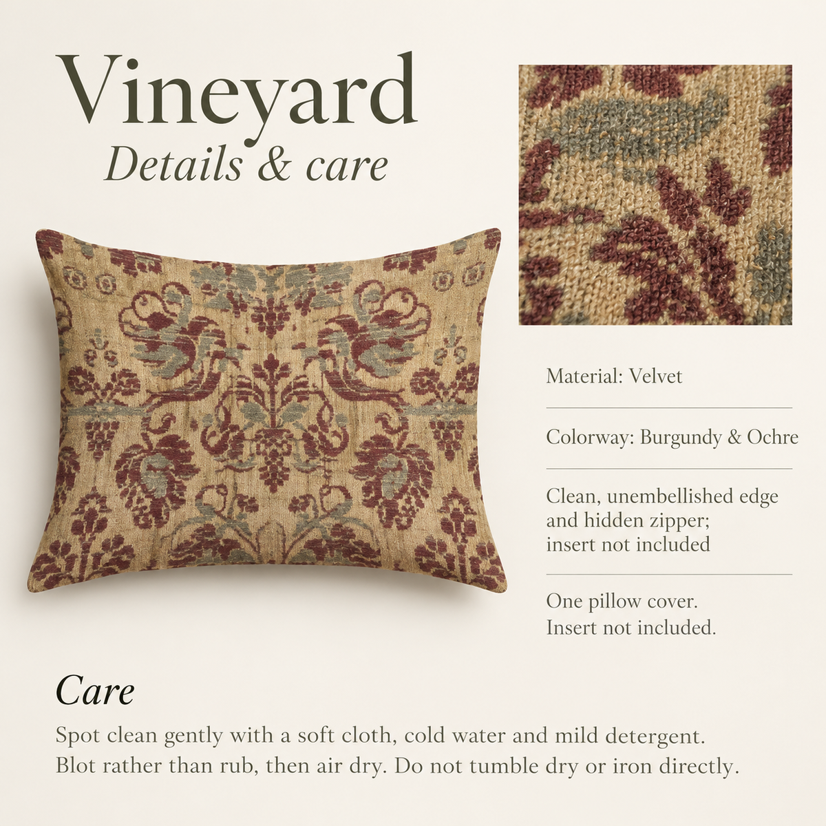 Vineyard Floral Velvet Lumbar Pillow Cover — Burgundy & Ochre; verified details and care guide.