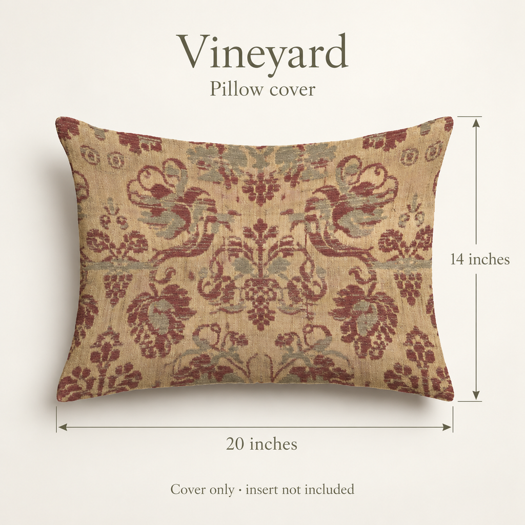 Vineyard Floral Velvet Lumbar Pillow Cover — Burgundy & Ochre; dimension diagram and inclusions.