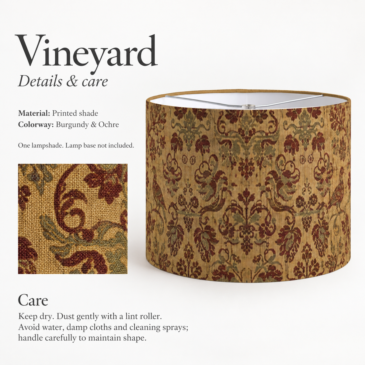 Vineyard Floral Drum Lampshade — Burgundy & Ochre; verified details and care guide.