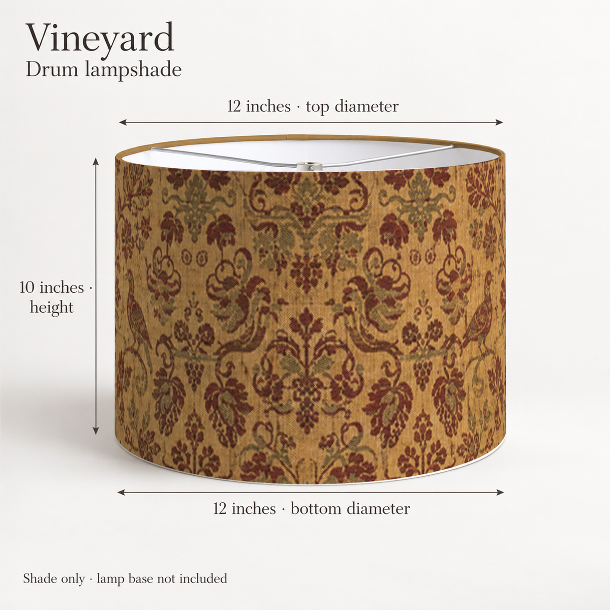 Vineyard Floral Drum Lampshade — Burgundy & Ochre; dimension diagram and inclusions.