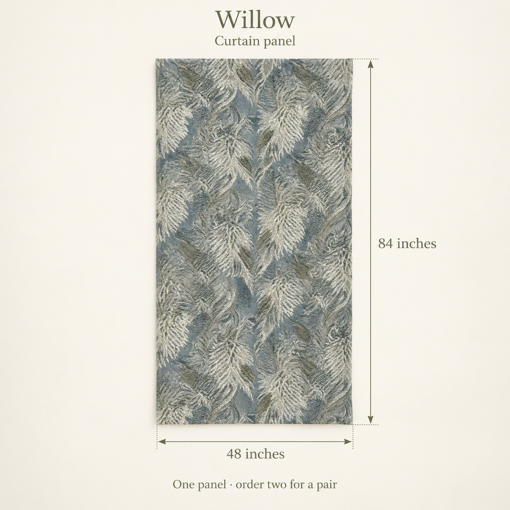 Willow Botanical Everyday Cotton Curtain Panel — Slate & Chalk; dimension diagram and inclusions.