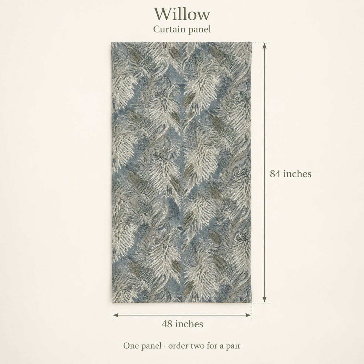 Willow Botanical Everyday Cotton Curtain Panel — Slate & Chalk; dimension diagram and inclusions.