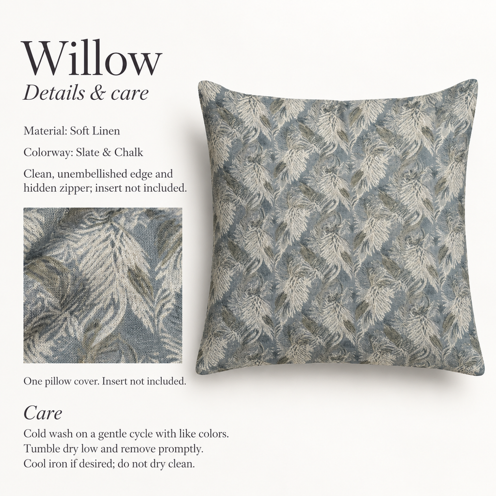Willow Botanical Soft Linen Pillow Cover — Slate & Chalk; verified details and care guide.