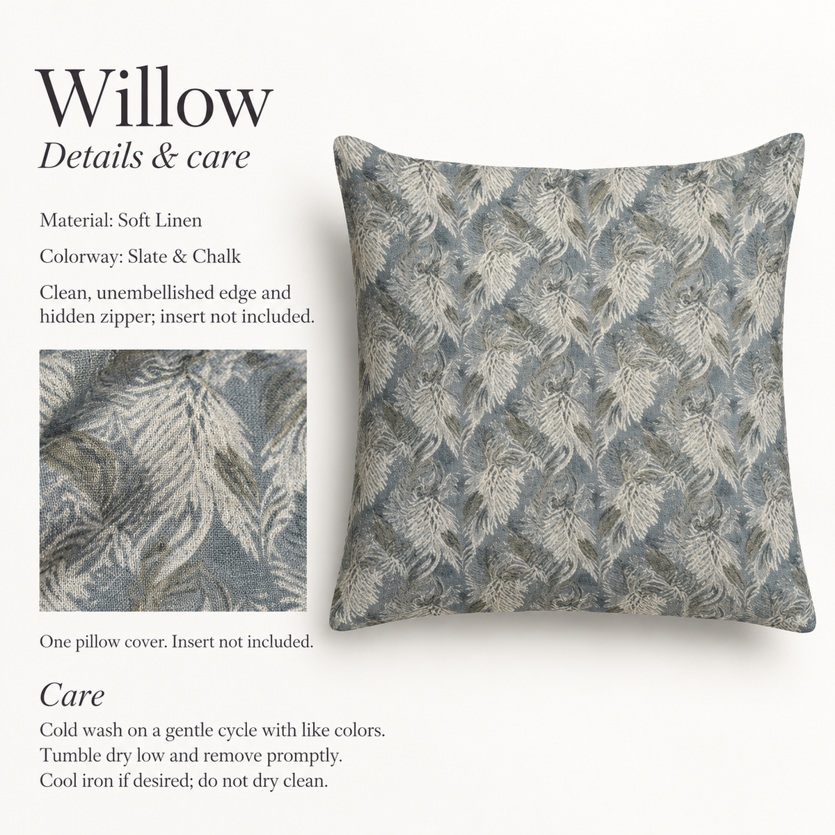 Willow Botanical Soft Linen Pillow Cover — Slate & Chalk; verified details and care guide.