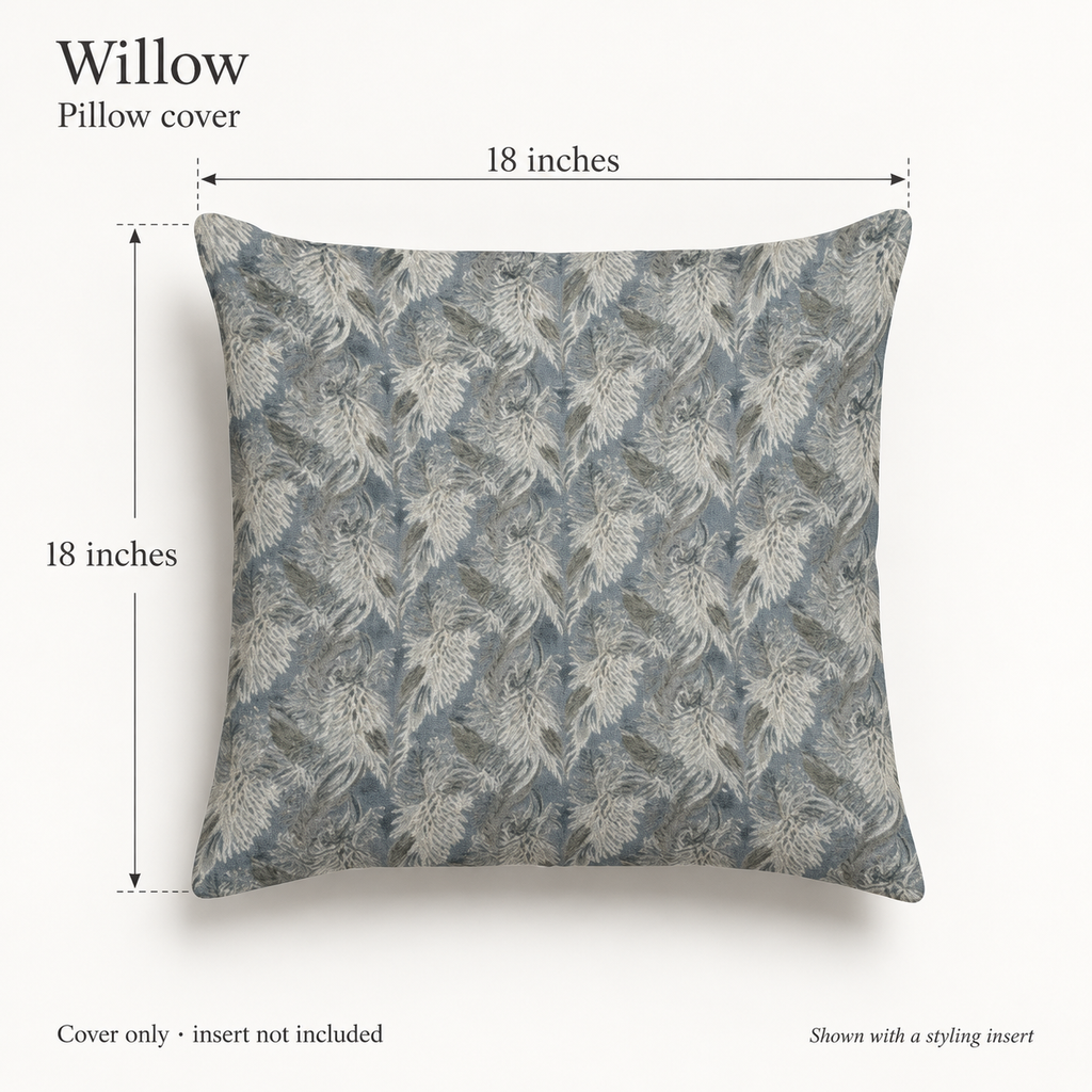 Willow Botanical Soft Linen Pillow Cover — Slate & Chalk; dimension diagram and inclusions.