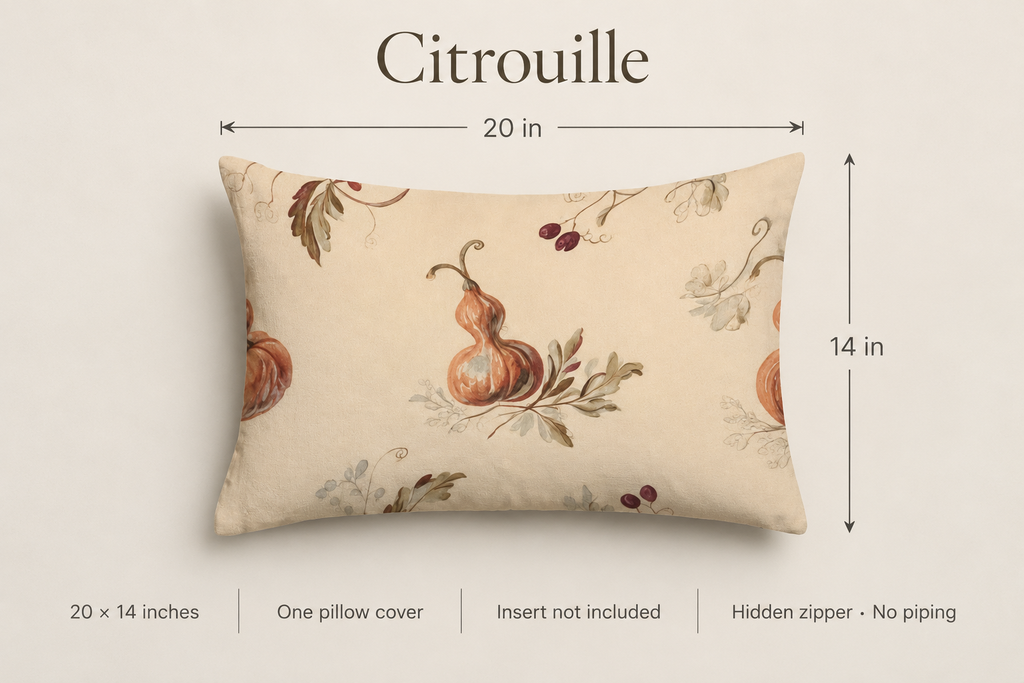 Citrouille Pumpkin Botanical Velvet Lumbar Pillow Cover — Terracotta & Parchment; dimension diagram and inclusions.