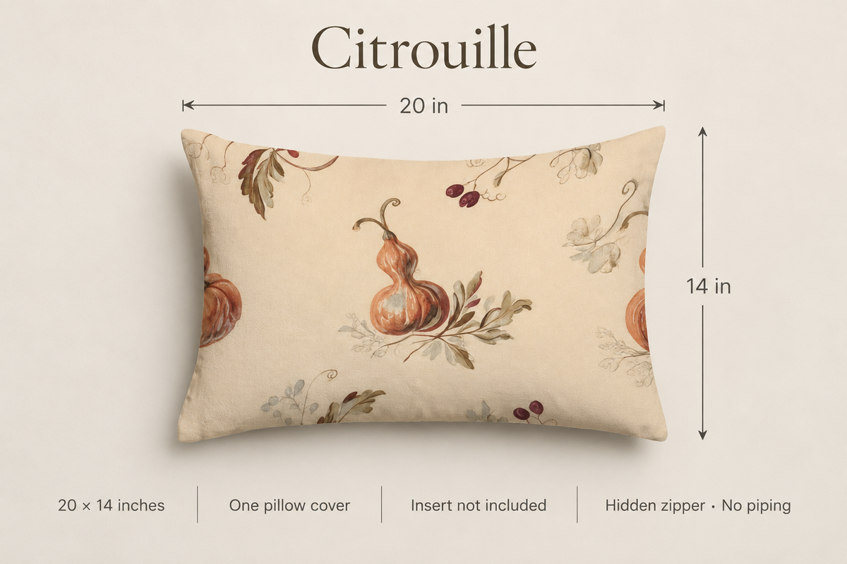 Citrouille Pumpkin Botanical Velvet Lumbar Pillow Cover — Terracotta & Parchment; dimension diagram and inclusions.