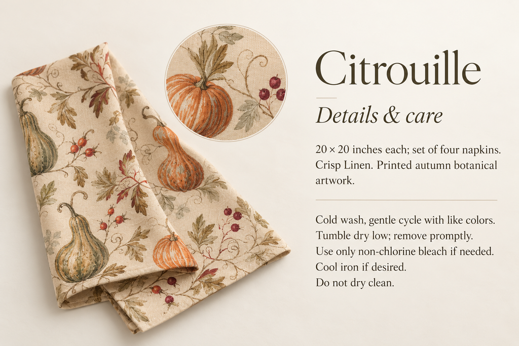 Citrouille Pumpkin Botanical Linen Dinner Napkins — Terracotta & Parchment, Set of 4; verified details and care guide.