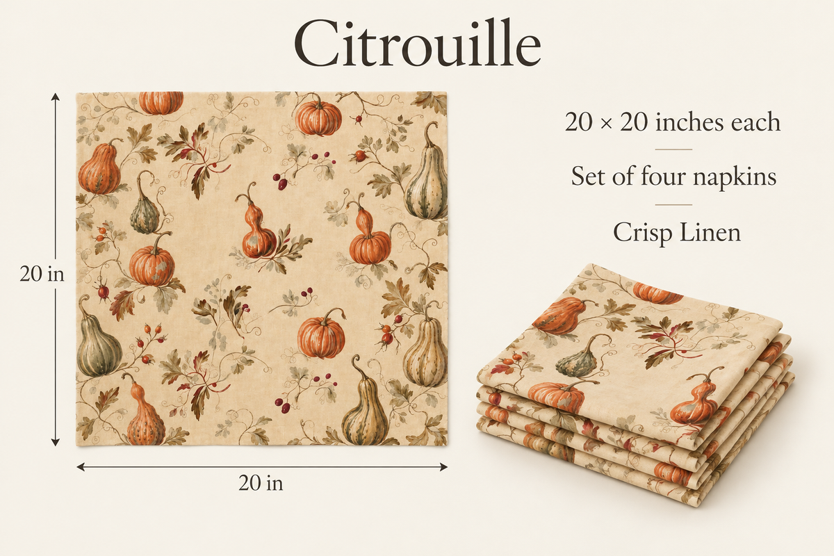 Citrouille Pumpkin Botanical Linen Dinner Napkins — Terracotta & Parchment, Set of 4; dimension diagram and inclusions.