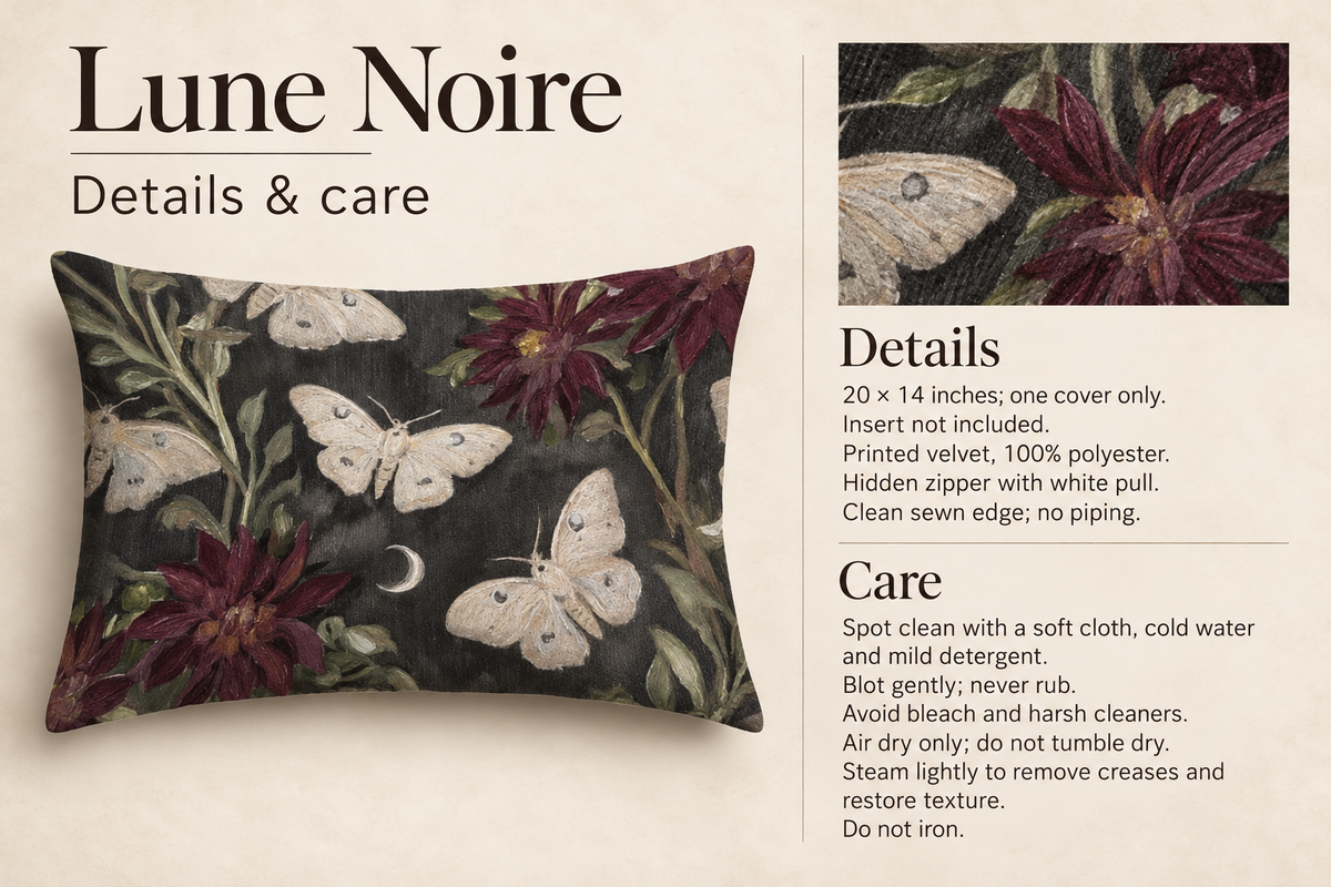 Lune Noire Moth Botanical Velvet Lumbar Pillow Cover — Charcoal & Burgundy; verified details and care guide.