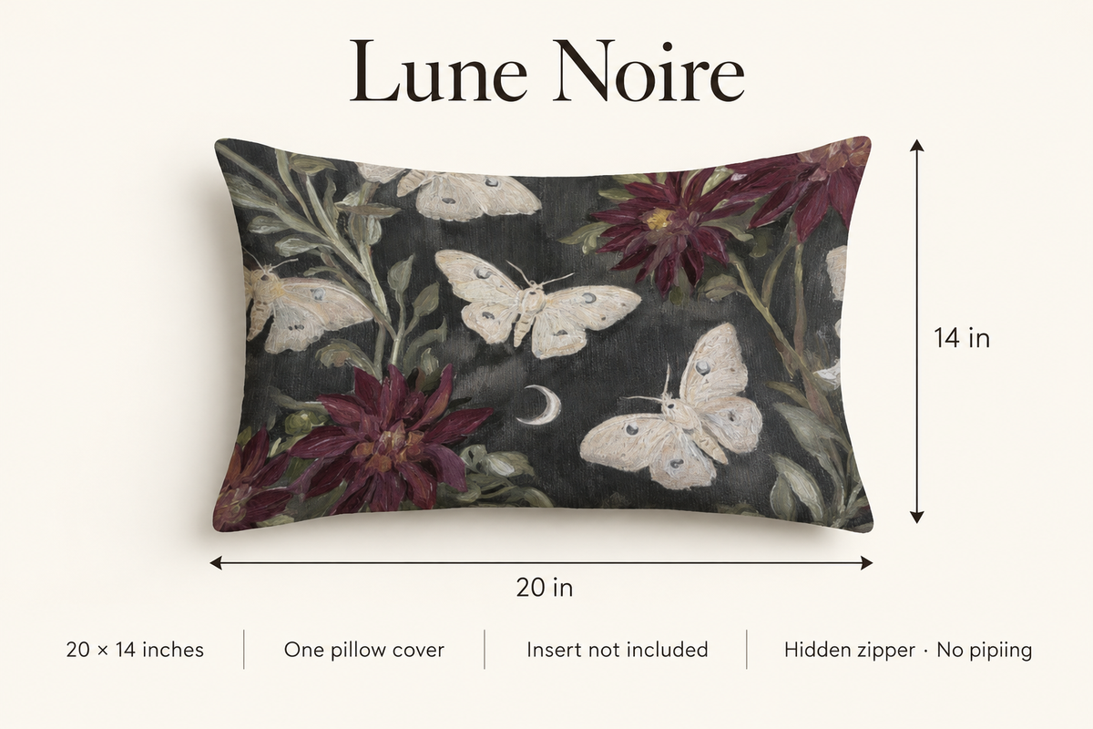 Lune Noire Moth Botanical Velvet Lumbar Pillow Cover — Charcoal & Burgundy; dimension diagram and inclusions.