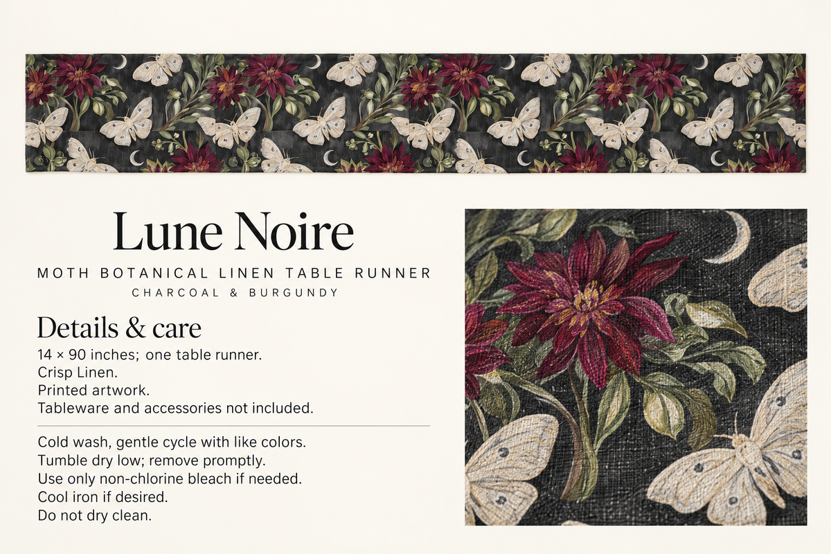 Lune Noire Moth Botanical Linen Table Runner — Charcoal & Burgundy; verified details and care guide.