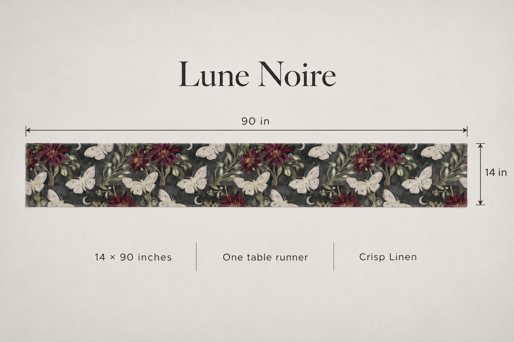 Lune Noire Moth Botanical Linen Table Runner — Charcoal & Burgundy; dimension diagram and inclusions.