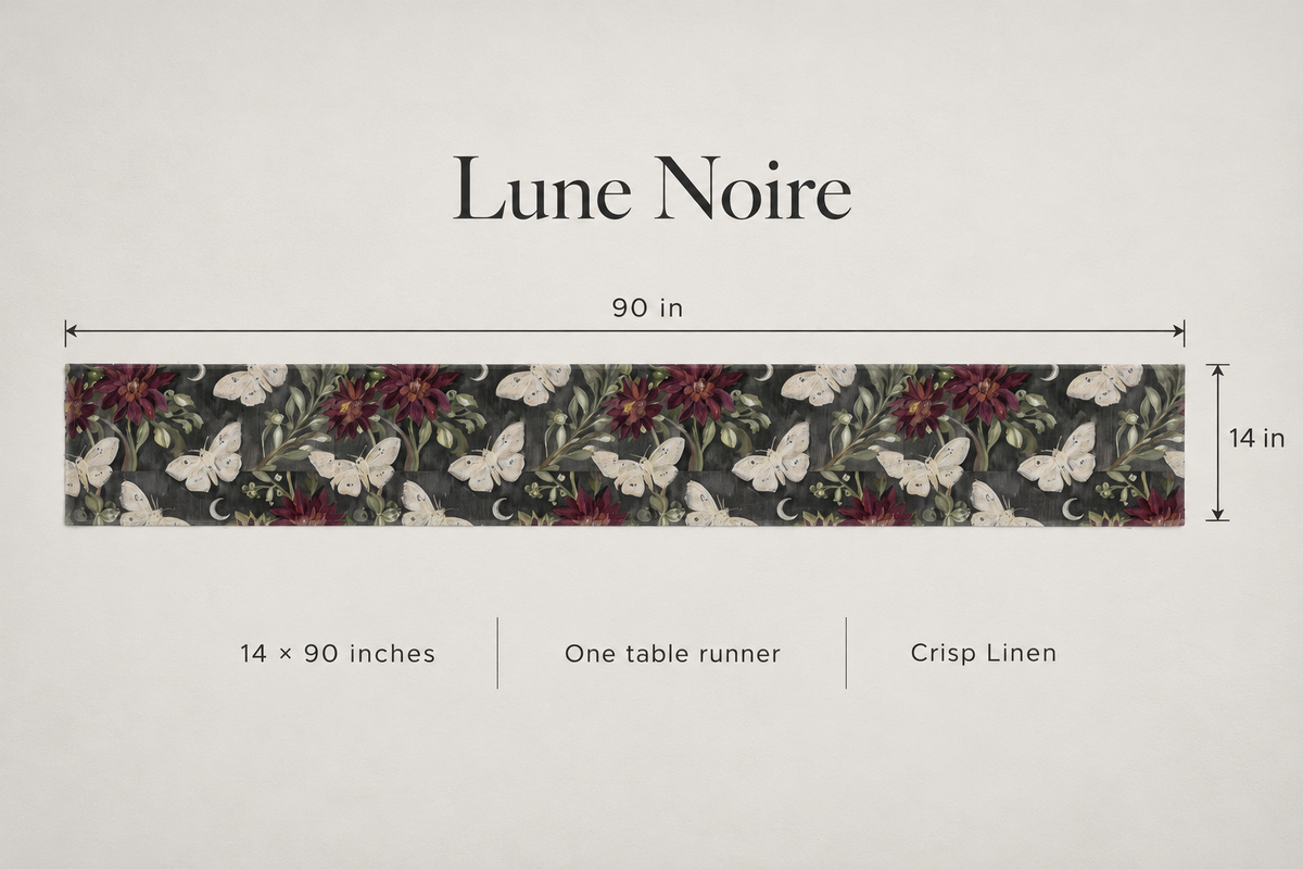Lune Noire Moth Botanical Linen Table Runner — Charcoal & Burgundy; dimension diagram and inclusions.