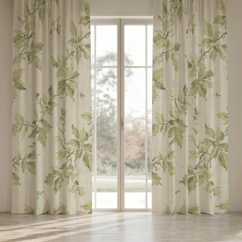 Laurel Botanical Everyday Cotton Curtain Panel — Forest & Ecru; digital product preview