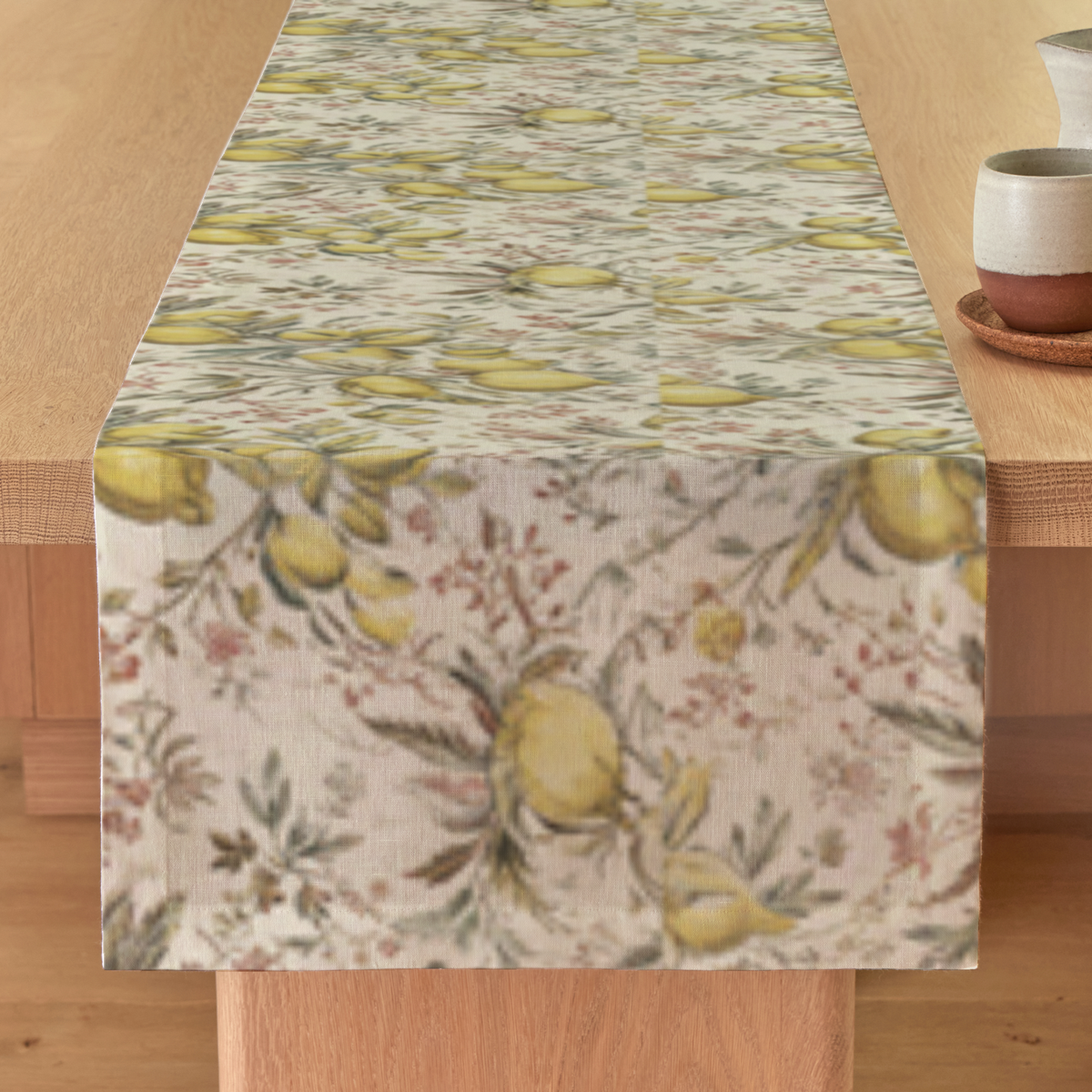 Lemon Grove Botanical Linen Table Runner — Citron & Olive; digital product preview