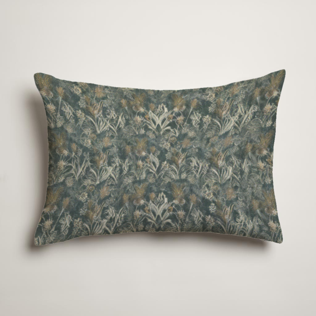 Marais Botanical Velvet Lumbar Pillow Cover — Teal & Ivory; clean-edge pillow cover shown with a styling insert, which is not included.