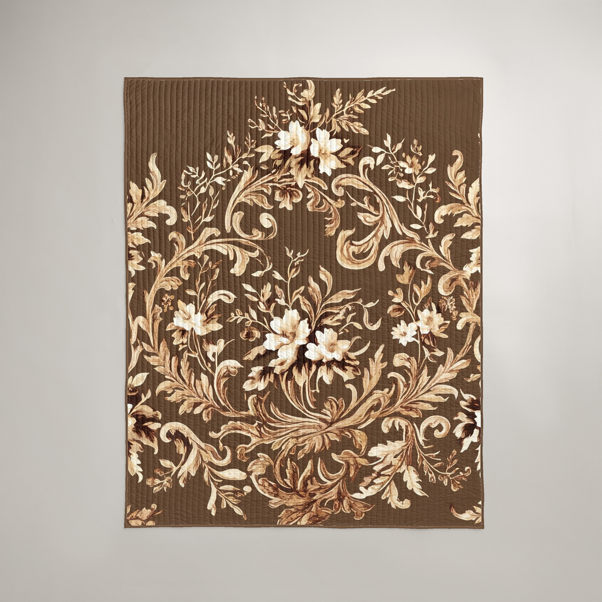 Nocturne chocolate and flax floral organic cotton quilt, digital design preview.