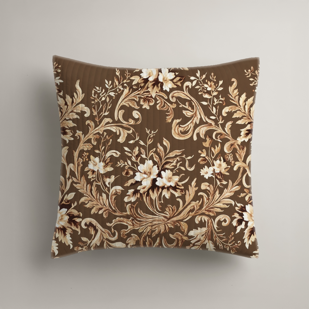Nocturne chocolate and flax quilted Euro sham, digital design preview with styling insert.