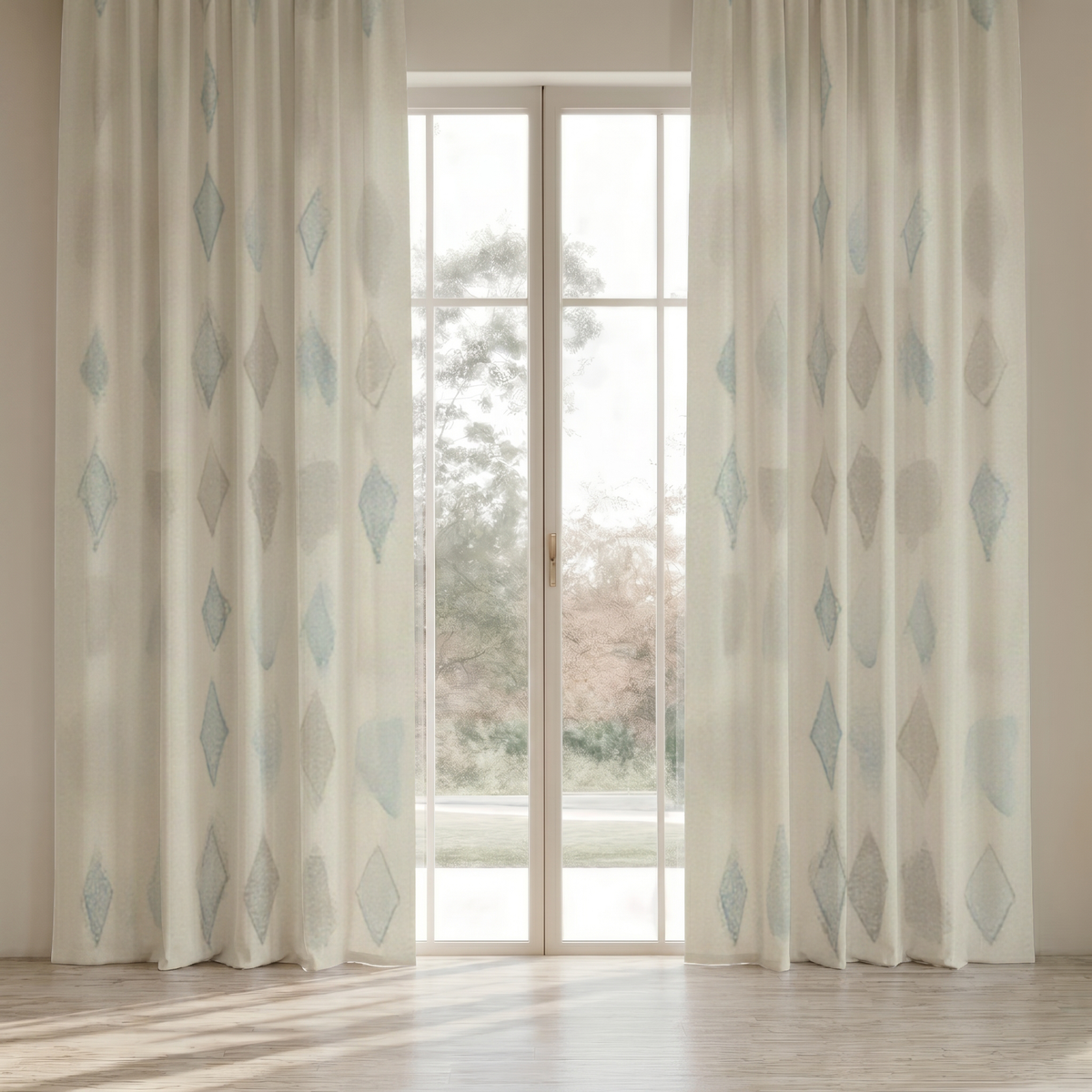 Paloma Geometric Everyday Cotton Curtain Panel — Blue & Ivory; digital product preview