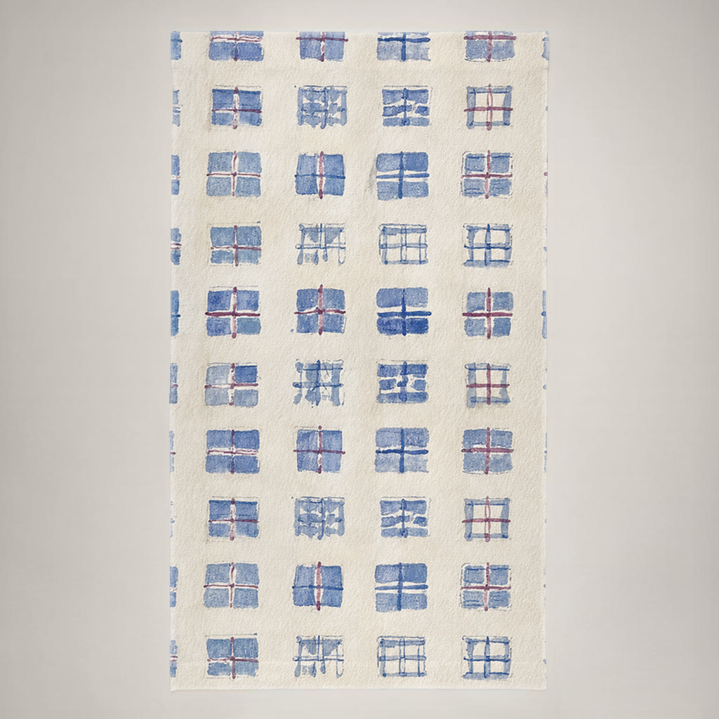 Vesper irregular-grid Everyday Cotton curtain panel in ultramarine and burgundy on parchment; one 48 × 84 inch panel.